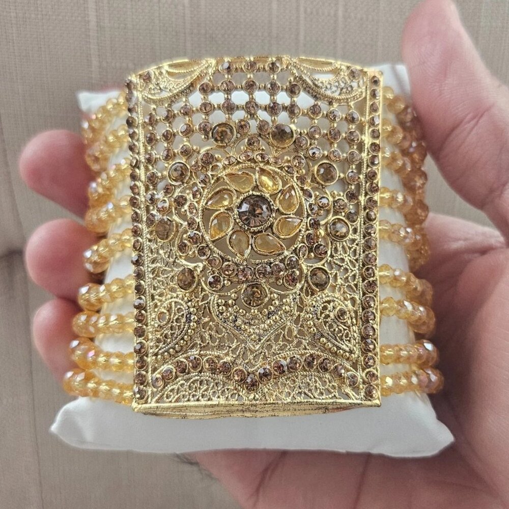 Wide Bangle Bracelet Gold Tone Fashion Jewelry Gold Tone Crystals Accent Band